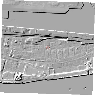 Shaded relief map of the ground around E162LL, computed from Environment Agency LiDAR. The ground here sits at about 1 m above sea level and falls 11 m across the surrounding 800 m. Surface water reaching this point runs off ground lying to the south-east, 9.5 m higher.