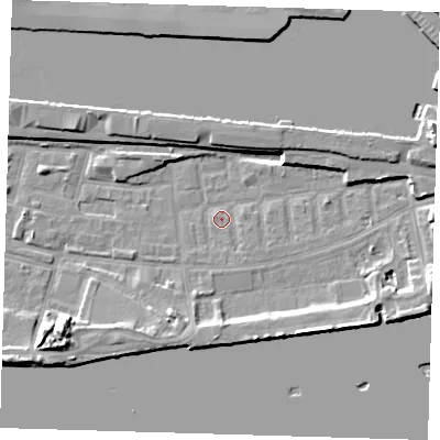 Shaded relief map of the ground around E162LP, computed from Environment Agency LiDAR. The ground here sits at about 1 m above sea level and falls 13 m across the surrounding 800 m. Surface water reaching this point runs off ground lying to the east-north-east, 7.6 m higher.
