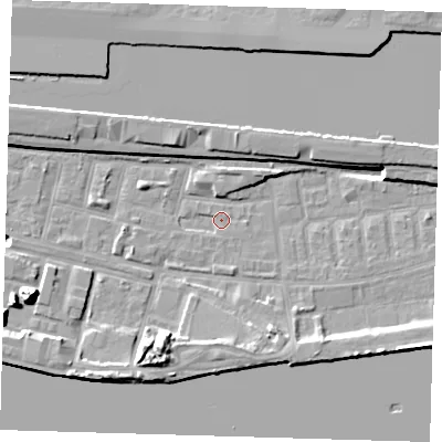 Shaded relief map of the ground around E162LQ, computed from Environment Agency LiDAR. The ground here sits at about 1 m above sea level and falls 15 m across the surrounding 800 m. Surface water reaching this point runs off ground lying to the east, 1.2 m higher.
