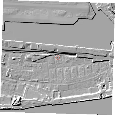 Shaded relief map of the ground around E162LR, computed from Environment Agency LiDAR. The ground here sits at about 1 m above sea level and falls 11 m across the surrounding 800 m. Surface water reaching this point runs off ground lying to the south-east, 9.5 m higher.