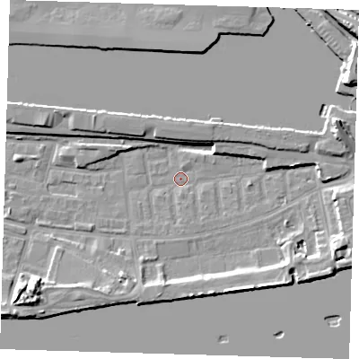 Shaded relief map of the ground around E162LS, computed from Environment Agency LiDAR. The ground here sits at about 1 m above sea level and falls 13 m across the surrounding 800 m. Surface water reaching this point runs off ground lying to the east-north-east, 8.4 m higher.