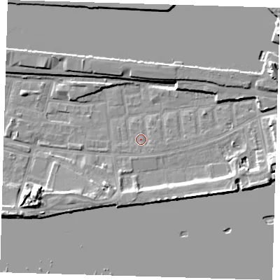 Shaded relief map of the ground around E162LT, computed from Environment Agency LiDAR. The ground here sits at about 2 m above sea level and falls 13 m across the surrounding 800 m. Surface water reaching this point runs off ground lying to the south-south-west, 0.9 m higher.