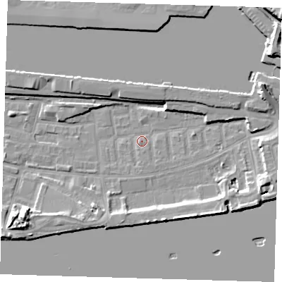 Shaded relief map of the ground around E162LU, computed from Environment Agency LiDAR. The ground here sits at about 2 m above sea level and falls 13 m across the surrounding 800 m. Surface water reaching this point runs off ground lying to the east-north-east, 8.4 m higher.