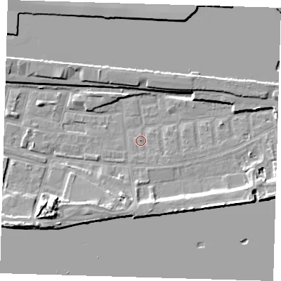 Shaded relief map of the ground around E162LW, computed from Environment Agency LiDAR. The ground here sits at about 1 m above sea level and falls 11 m across the surrounding 800 m. Surface water reaching this point runs off ground lying to the east-south-east, 5.6 m higher.