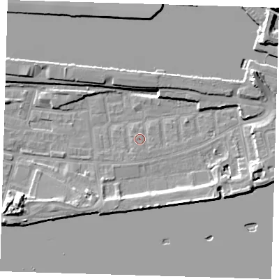 Shaded relief map of the ground around E162LX, computed from Environment Agency LiDAR. The ground here sits at about 2 m above sea level and falls 13 m across the surrounding 800 m. Surface water reaching this point runs off ground lying to the south-east, 0.5 m higher.