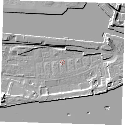 Shaded relief map of the ground around E162LY, computed from Environment Agency LiDAR. The ground here sits at about 2 m above sea level and falls 14 m across the surrounding 800 m. Surface water reaching this point runs off ground lying to the east-north-east, 9.2 m higher.