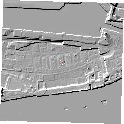 Shaded relief map of the ground around E162LZ, computed from Environment Agency LiDAR. The ground here sits at about 2 m above sea level and falls 13 m across the surrounding 800 m. Surface water reaching this point runs off ground lying to the east-south-east, 7.0 m higher.