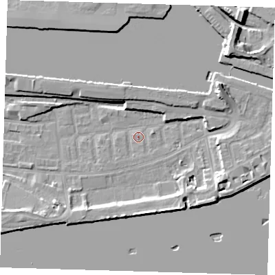 Shaded relief map of the ground around E162NA, computed from Environment Agency LiDAR. The ground here sits at about 2 m above sea level and falls 14 m across the surrounding 800 m. Surface water reaching this point runs off ground lying to the east-north-east, 8.6 m higher.