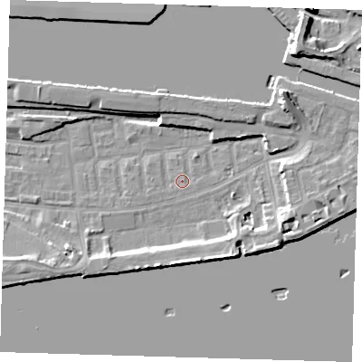 Shaded relief map of the ground around E162NB, computed from Environment Agency LiDAR. The ground here sits at about 2 m above sea level and falls 13 m across the surrounding 800 m. Surface water reaching this point runs off ground lying to the east, 1.2 m higher.