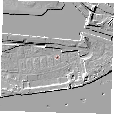 Shaded relief map of the ground around E162ND, computed from Environment Agency LiDAR. The ground here sits at about 2 m above sea level and falls 14 m across the surrounding 800 m. Surface water reaching this point runs off ground lying to the north-east, 8.4 m higher.