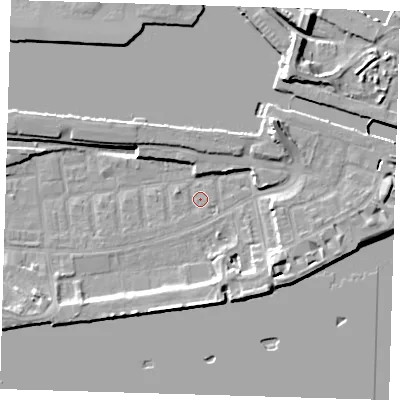 Shaded relief map of the ground around E162NE, computed from Environment Agency LiDAR. The ground here sits at about 2 m above sea level and falls 14 m across the surrounding 800 m. Surface water reaching this point runs off ground lying to the east, 0.7 m higher.