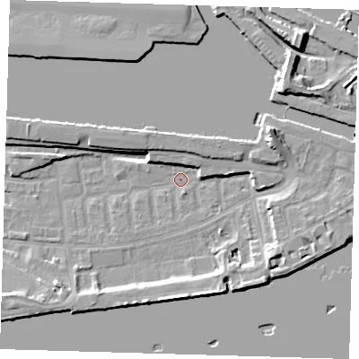 Shaded relief map of the ground around E162NF, computed from Environment Agency LiDAR. The ground here sits at about 1 m above sea level and falls 14 m across the surrounding 800 m. Surface water reaching this point runs off ground lying to the east-north-east, 8.4 m higher.