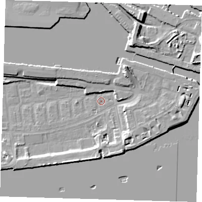 Shaded relief map of the ground around E162NG, computed from Environment Agency LiDAR. The ground here sits at about 2 m above sea level and falls 14 m across the surrounding 800 m. Surface water reaching this point runs off ground lying to the north-east, 8.2 m higher.