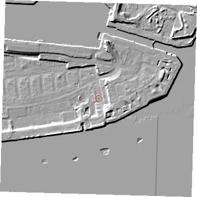 Shaded relief map of the ground around E162NH, computed from Environment Agency LiDAR. The ground here sits at about 2 m above sea level and falls 13 m across the surrounding 800 m. Surface water reaching this point runs off ground lying to the south-east, 5.1 m higher.