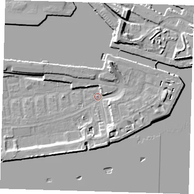 Shaded relief map of the ground around E162NJ, computed from Environment Agency LiDAR. The ground here sits at about 2 m above sea level and falls 14 m across the surrounding 800 m. Surface water reaching this point runs off ground lying to the north-north-east, 8.2 m higher.