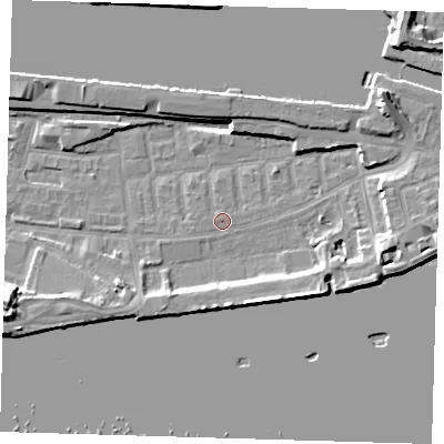 Shaded relief map of the ground around E162NL, computed from Environment Agency LiDAR. The ground here sits at about 2 m above sea level and falls 13 m across the surrounding 800 m. Surface water reaching this point runs off ground lying to the east, 7.0 m higher.