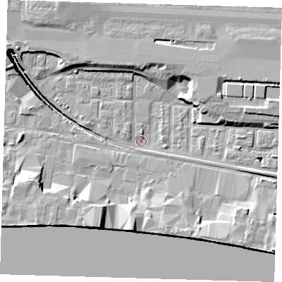 Shaded relief map of the ground around E162NQ, computed from Environment Agency LiDAR. The ground here sits at about 1 m above sea level and falls 13 m across the surrounding 800 m. Surface water reaching this point runs off ground lying to the south-east, 5.1 m higher.