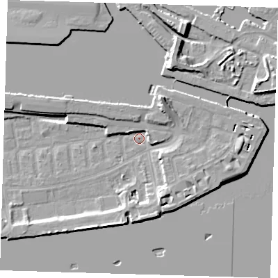 Shaded relief map of the ground around E162NU, computed from Environment Agency LiDAR. The ground here sits at about 2 m above sea level and falls 14 m across the surrounding 800 m. Surface water reaching this point runs off ground lying to the north-north-east, 8.2 m higher.