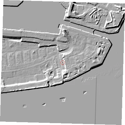 Shaded relief map of the ground around E162NX, computed from Environment Agency LiDAR. The ground here sits at about 3 m above sea level and falls 13 m across the surrounding 800 m. Surface water reaching this point runs off ground lying to the south-south-east, 5.2 m higher.