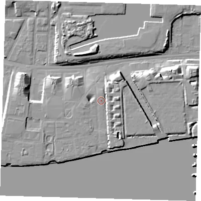 Shaded relief map of the ground around E162NZ, computed from Environment Agency LiDAR. The ground here sits at about 5 m above sea level and falls 18 m across the surrounding 800 m. Surface water reaching this point runs off ground lying to the south-south-west, 1.2 m higher.