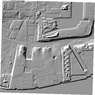 Shaded relief map of the ground around E162PS, computed from Environment Agency LiDAR. The ground here sits at about 3 m above sea level and falls 10 m across the surrounding 800 m. Surface water reaching this point runs off ground lying to the south-south-west, 4.5 m higher.