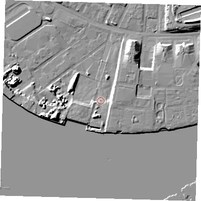 Shaded relief map of the ground around E162QG, computed from Environment Agency LiDAR. The ground here sits at about 3 m above sea level and falls 11 m across the surrounding 800 m. Surface water reaching this point runs off ground lying to the south-south-west, 6.6 m higher.