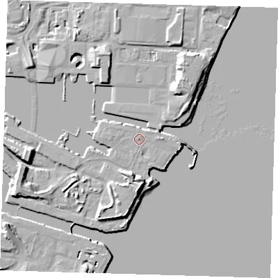 Shaded relief map of the ground around E162QY, computed from Environment Agency LiDAR. The ground here sits at about 6 m above sea level and falls 8 m across the surrounding 800 m. Surface water reaching this point runs off ground lying to the west, 0.7 m higher.