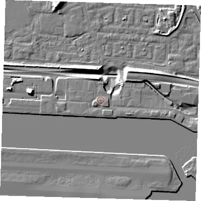 Shaded relief map of the ground around E162RD, computed from Environment Agency LiDAR. The ground here sits at about 6 m above sea level and falls 11 m across the surrounding 800 m. Surface water reaching this point runs off ground lying to the south-west, 1.1 m higher.