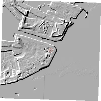 Shaded relief map of the ground around E162SN, computed from Environment Agency LiDAR. The ground here sits at about 6 m above sea level and falls 10 m across the surrounding 800 m. Surface water reaching this point runs off ground lying to the south-west, 3.7 m higher.