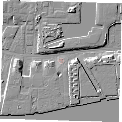 Shaded relief map of the ground around E162TH, computed from Environment Agency LiDAR. The ground here sits at about 3 m above sea level and falls 10 m across the surrounding 800 m. Surface water reaching this point runs off ground lying to the south, 4.1 m higher.