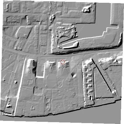 Shaded relief map of the ground around E162TL, computed from Environment Agency LiDAR. The ground here sits at about 3 m above sea level and falls 10 m across the surrounding 800 m. Surface water reaching this point runs off ground lying to the south, 4.5 m higher.
