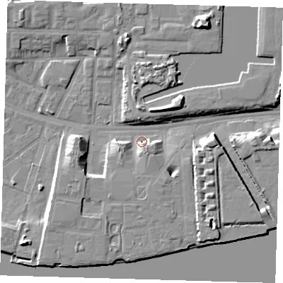 Shaded relief map of the ground around E162TN, computed from Environment Agency LiDAR. The ground here sits at about 2 m above sea level and falls 10 m across the surrounding 800 m. Surface water reaching this point runs off ground lying to the south, 4.2 m higher.