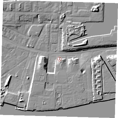 Shaded relief map of the ground around E162TS, computed from Environment Agency LiDAR. The ground here sits at about 4 m above sea level and falls 10 m across the surrounding 800 m. Surface water reaching this point runs off ground lying to the south-south-east, 4.0 m higher.