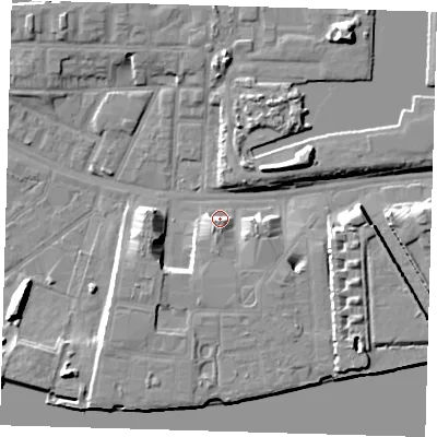 Shaded relief map of the ground around E162TT, computed from Environment Agency LiDAR. The ground here sits at about 3 m above sea level and falls 10 m across the surrounding 800 m. Surface water reaching this point runs off ground lying to the south-west, 3.8 m higher.