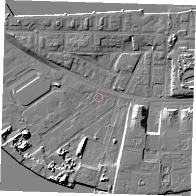Shaded relief map of the ground around E162TZ, computed from Environment Agency LiDAR. The ground here sits at about 2 m above sea level and falls 11 m across the surrounding 800 m. Surface water reaching this point runs off ground lying to the west-south-west, 9.8 m higher.