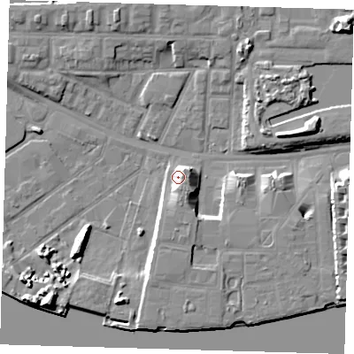 Shaded relief map of the ground around E162UH, computed from Environment Agency LiDAR. The ground here sits at about 5 m above sea level and falls 11 m across the surrounding 800 m. Surface water reaching this point runs off ground lying to the south, 4.7 m higher.