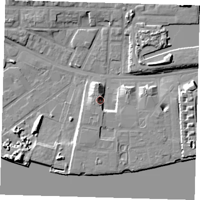 Shaded relief map of the ground around E162UL, computed from Environment Agency LiDAR. The ground here sits at about 5 m above sea level and falls 11 m across the surrounding 800 m. Surface water reaching this point runs off ground lying to the north-west, 5.5 m higher.