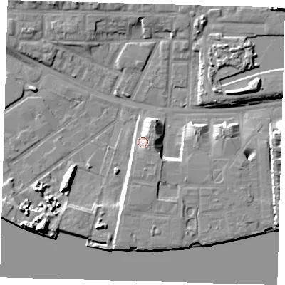 Shaded relief map of the ground around E162UN, computed from Environment Agency LiDAR. The ground here sits at about 5 m above sea level and falls 11 m across the surrounding 800 m. Surface water reaching this point runs off ground lying to the south, 3.6 m higher.