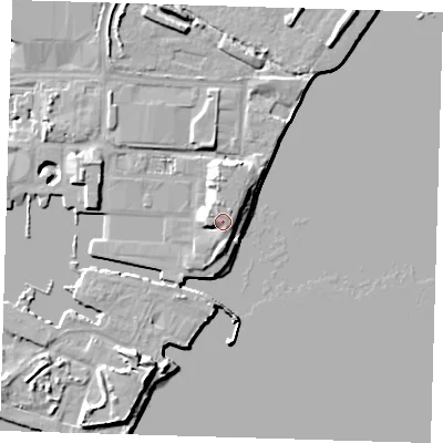 Shaded relief map of the ground around E162XY, computed from Environment Agency LiDAR. The ground here sits at about 9 m above sea level and falls 9 m across the surrounding 800 m. Surface water reaching this point runs off ground lying to the west-north-west, 3.6 m higher.