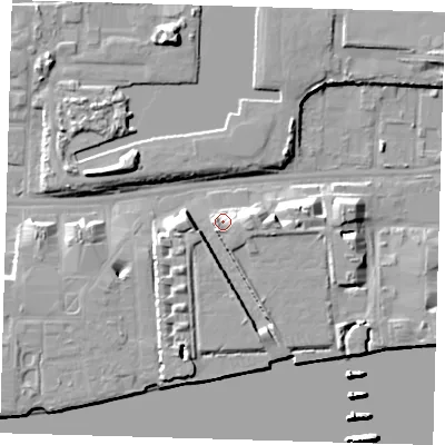 Shaded relief map of the ground around E162YH, computed from Environment Agency LiDAR. The ground here sits at about 7 m above sea level and falls 18 m across the surrounding 800 m. Surface water reaching this point runs off ground lying to the south-south-west, 5.0 m higher.