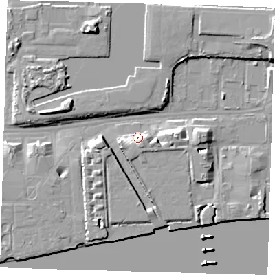 Shaded relief map of the ground around E162YJ, computed from Environment Agency LiDAR. The ground here sits at about 5 m above sea level and falls 19 m across the surrounding 800 m. Surface water reaching this point runs off ground lying to the south-south-east, 5.9 m higher.