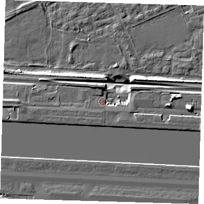 Shaded relief map of the ground around E162YN, computed from Environment Agency LiDAR. The ground here sits at about 5 m above sea level and falls 11 m across the surrounding 800 m. Surface water reaching this point runs off ground lying to the west-south-west, 1.4 m higher.