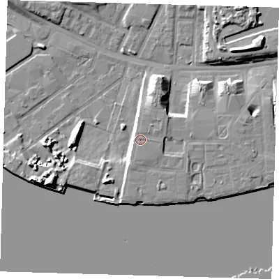 Shaded relief map of the ground around E162YX, computed from Environment Agency LiDAR. The ground here sits at about 7 m above sea level and falls 11 m across the surrounding 800 m. Surface water reaching this point runs off ground lying to the south-east, 4.3 m higher.