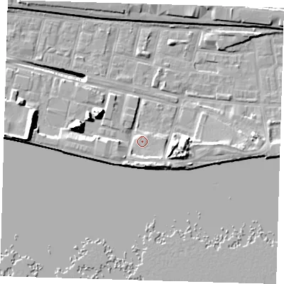 Shaded relief map of the ground around E162ZD, computed from Environment Agency LiDAR. The ground here sits at about 3 m above sea level and falls 17 m across the surrounding 800 m. Surface water reaching this point runs off ground lying to the south-south-west, 3.6 m higher.