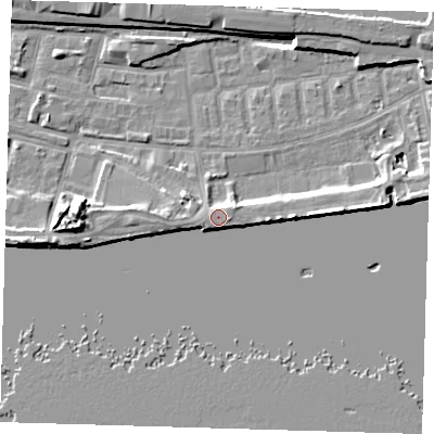 Shaded relief map of the ground around E162ZE, computed from Environment Agency LiDAR. The ground here sits at about 5 m above sea level and falls 11 m across the surrounding 800 m. Surface water reaching this point runs off ground lying to the west, 5.9 m higher.