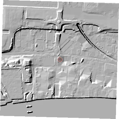 Shaded relief map of the ground around E162ZG, computed from Environment Agency LiDAR. The ground here sits at about 1 m above sea level and falls 17 m across the surrounding 800 m. Surface water reaching this point runs off ground lying to the north-north-west, 3.1 m higher.