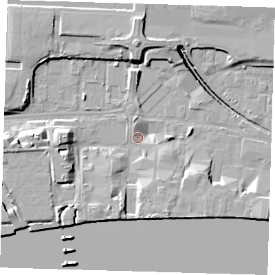 Shaded relief map of the ground around E162ZH, computed from Environment Agency LiDAR. The ground here sits at about 1 m above sea level and falls 25 m across the surrounding 800 m. Surface water reaching this point runs off ground lying to the north, 9.9 m higher.