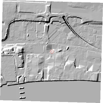 Shaded relief map of the ground around E162ZJ, computed from Environment Agency LiDAR. The ground here sits at about 0 m above sea level and falls 25 m across the surrounding 800 m. Surface water reaching this point runs off ground lying to the north, 9.9 m higher.