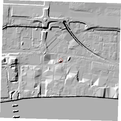 Shaded relief map of the ground around E162ZL, computed from Environment Agency LiDAR. The ground here sits at about 2 m above sea level and falls 25 m across the surrounding 800 m. Surface water reaching this point runs off ground lying to the south, 4.5 m higher.