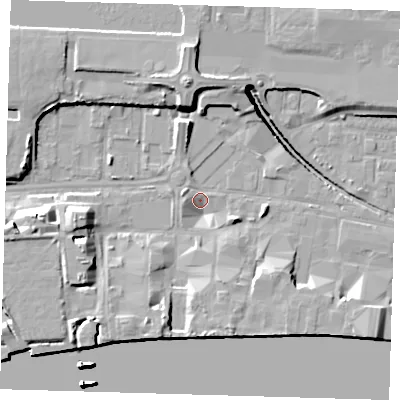 Shaded relief map of the ground around E162ZN, computed from Environment Agency LiDAR. The ground here sits at about 1 m above sea level and falls 17 m across the surrounding 800 m. Surface water reaching this point runs off ground lying to the north, 9.8 m higher.